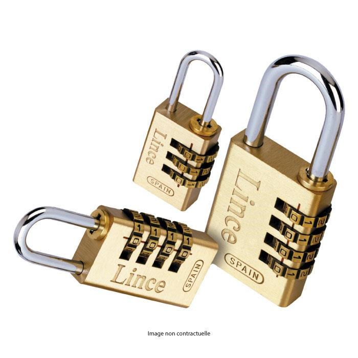 LINCE Cadenas à combinaison - laiton - 4 roulettes chiffrées LINCE Cadenas à combinaison - laiton - 4 roulettes chiffrées